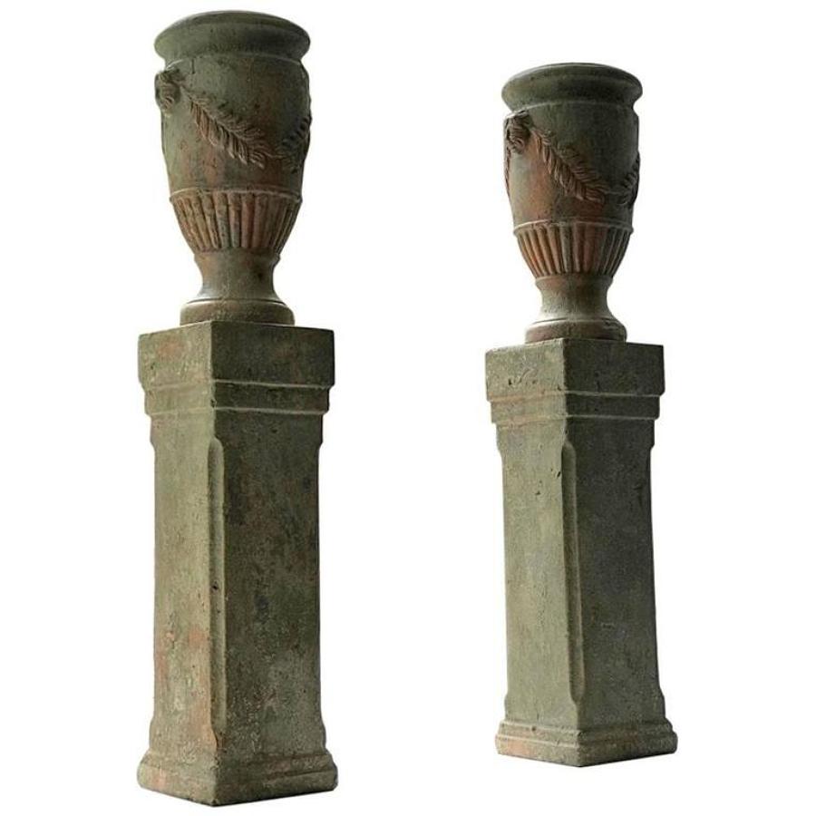 Pair of French Terracotta Urns on Plinths, 19th Century