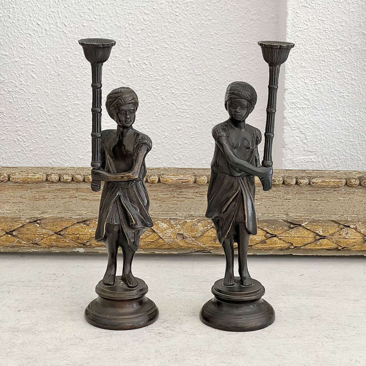 Antique Venetian Bronze Blackamoors Candle Holders