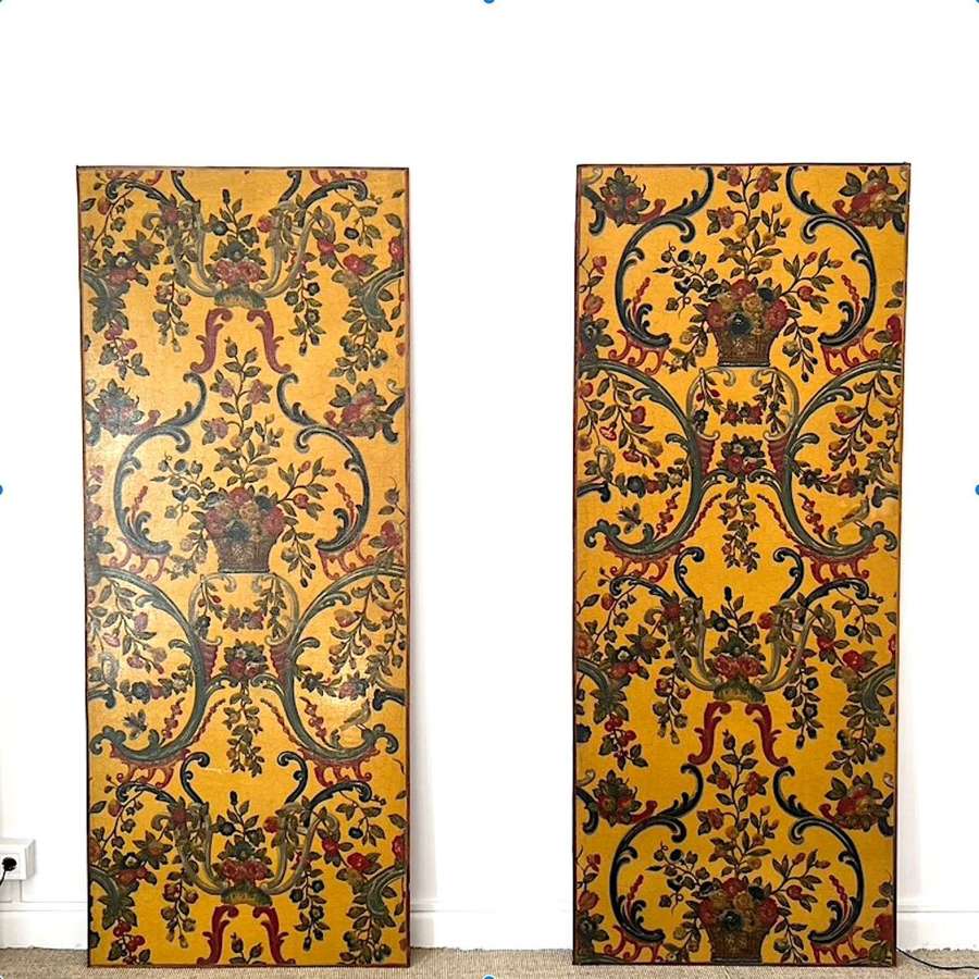 Pair of French hand-painted paper panels, 19th Century